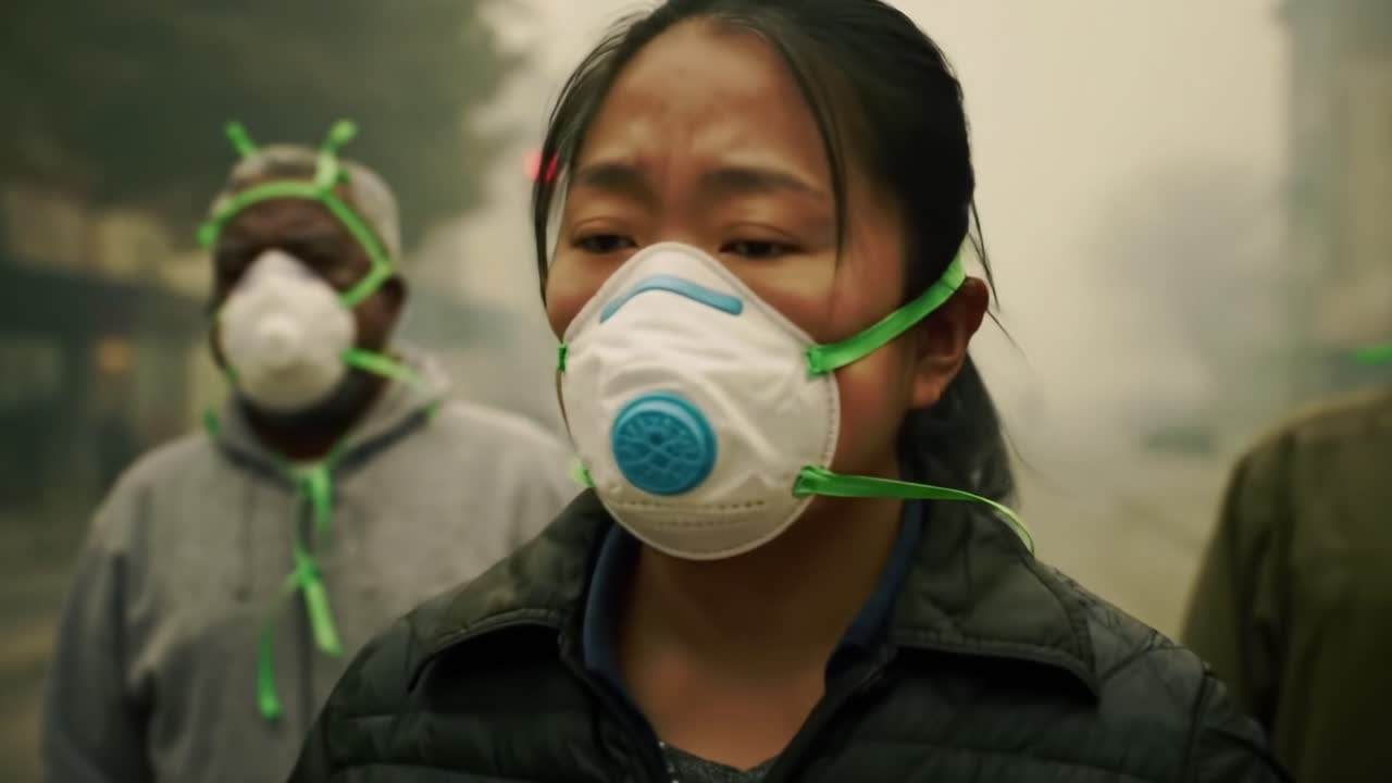 In the Echo of Silence: Individuals in Protective Masks Journey Through a Foggy Urban Landscape, Confronting Hazards and Uncertainty Amid Environmental Challenges