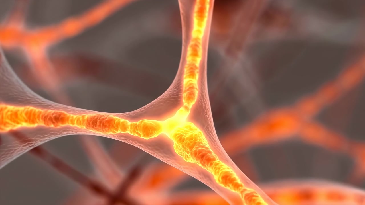 Warm orange light moves through translucent branches toward and across a central neural node, revealing textured internal strands while interconnected structures stay softly out of focus.