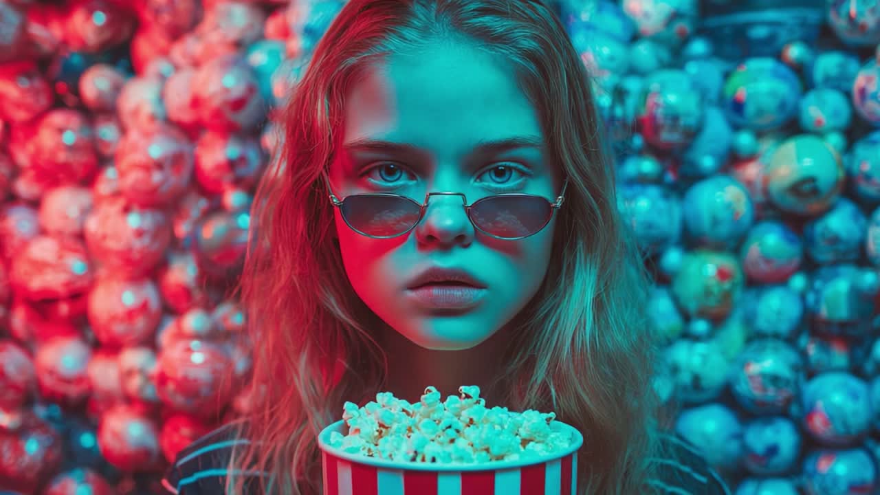 Et kinematisk portrett av en ung kvinne som holder en bolle med popcorn, satt mot en fargerik og morsom bakgrunn, perfekt for filmentusiaster og snackelskere.
