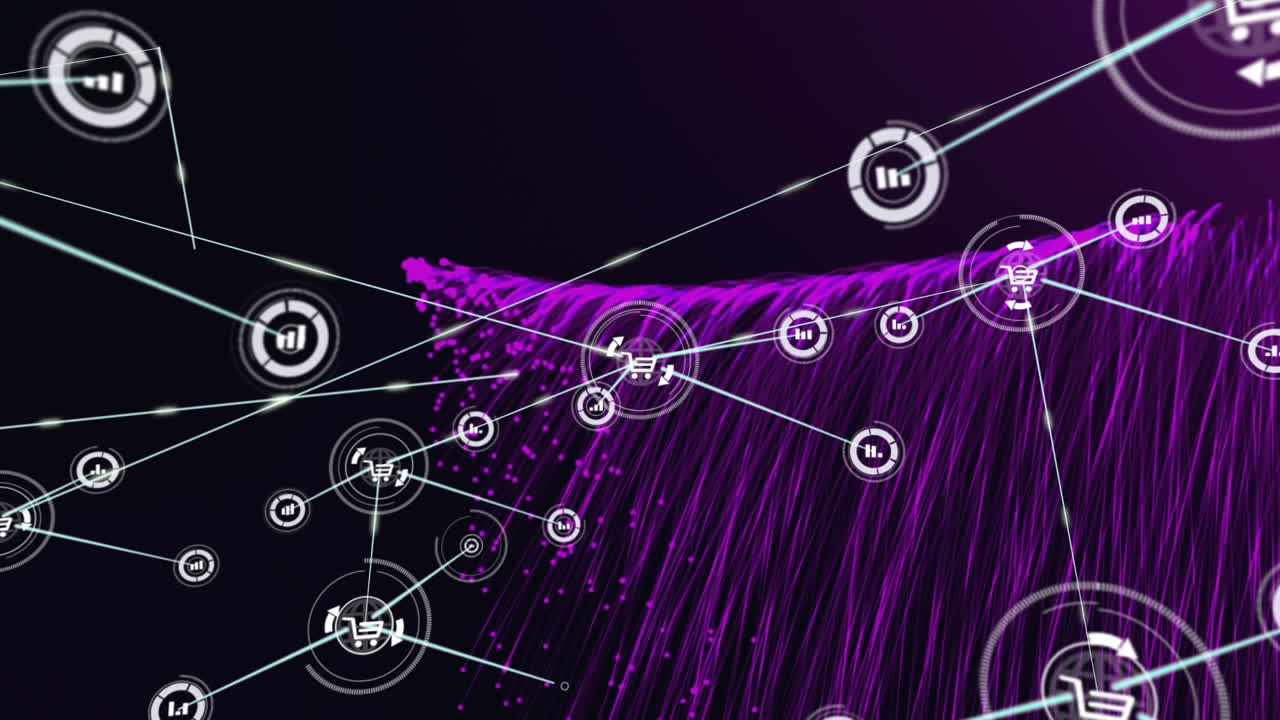 Animation of network of connections with digital icons over purple light trails