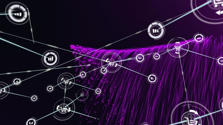 Animation of network of connections with digital icons over purple light trails