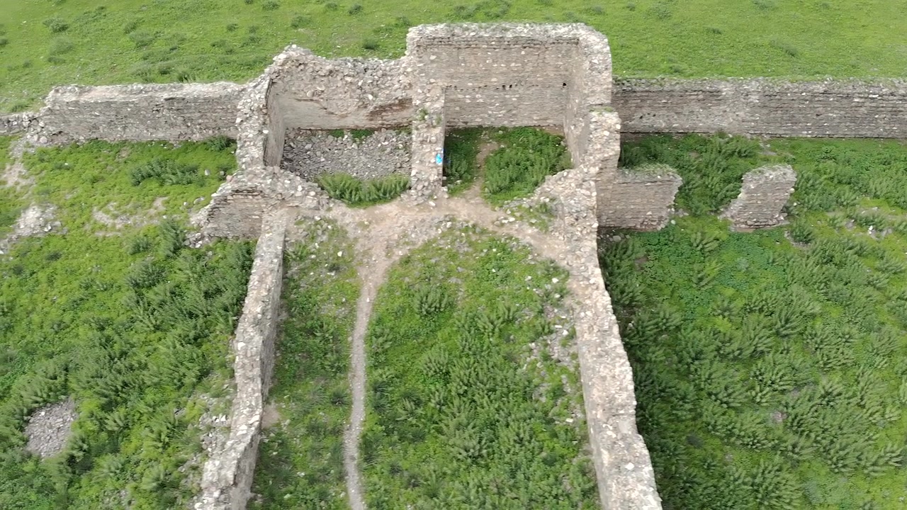 Vista aerea di antiche rovine in pietra in un campo verde