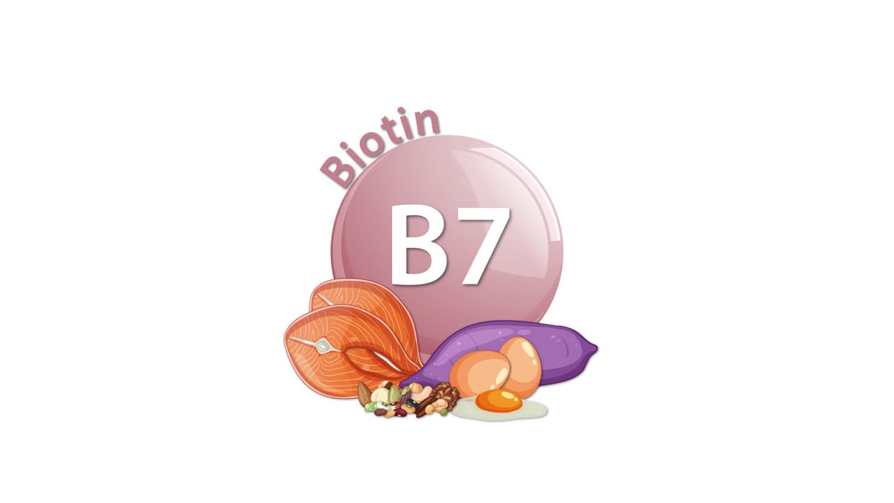 A pink Vitamin B7 Biotin icon animates as illustrated food sources, including eggs, nuts, and sweet potatoes, smoothly appear around it on a white background