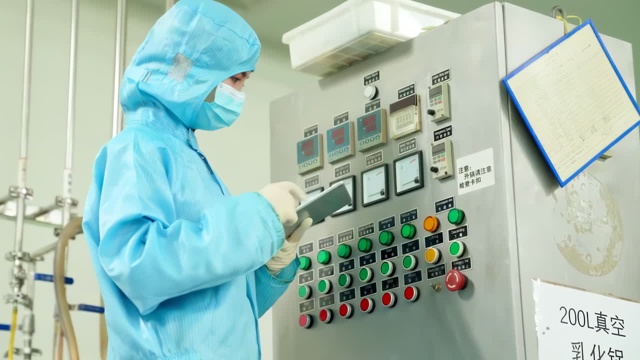 fabricación de medicamentos, personal médico en uniforme de protección trabaja usando tabletas para caminar y comunicarse con las instalaciones farmacéuticas en la planta de fabricación de medicamentos