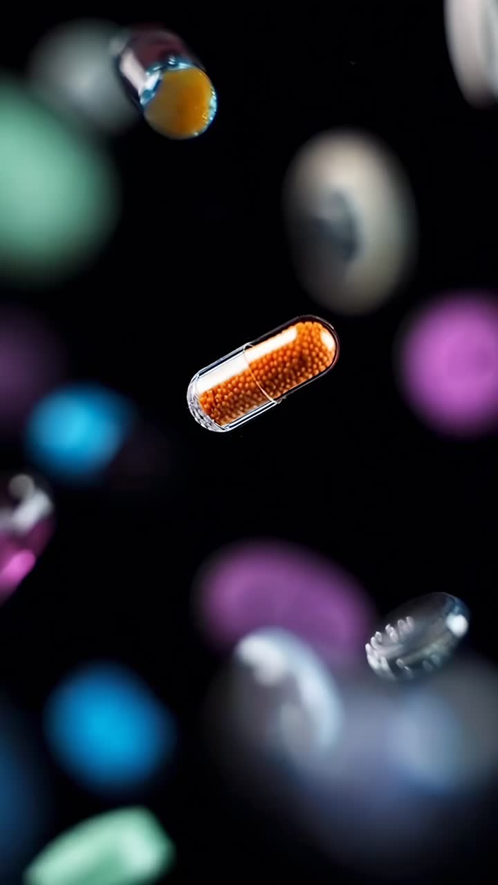 Video dinamico di pillole colorate che cadono su uno sfondo nero, ripreso in primo piano