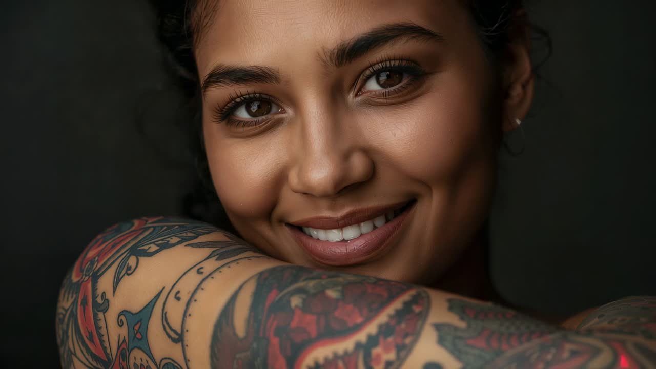 Donna sorridente che solleva l'avambraccio tatuato vicino al viso in uno studio mentre la camera si avvicina per mettere in risalto gli occhi