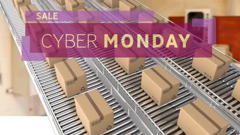 Animación-Del-Texto-De-Venta-Del-Cyber-Monday-Sobre-Cajas-De-Cartón-En-Cintas-Transportadoras.