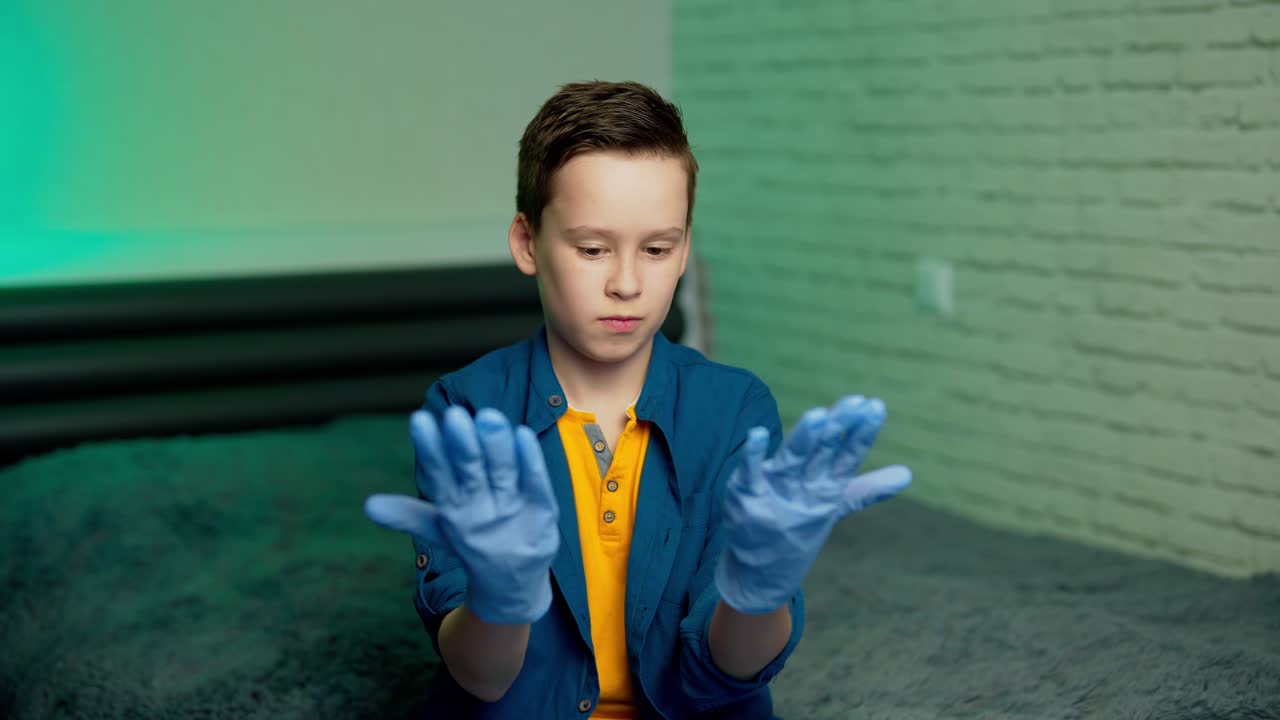 Boy wears medical rubber gloves. Boy holds hands in rubber gloves in front of camera. Stop coronavirus. Pandemic. COVID-19