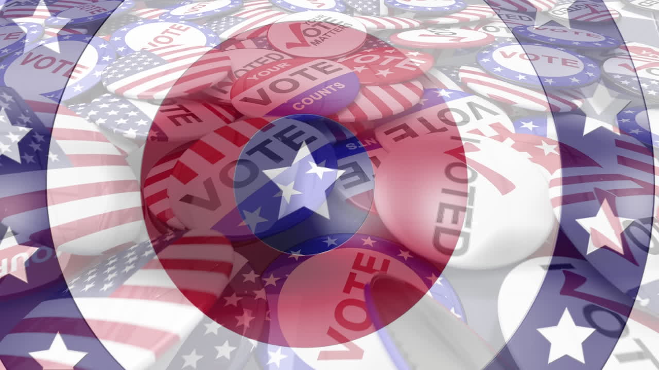 Election badges falling against stars on spinning circles