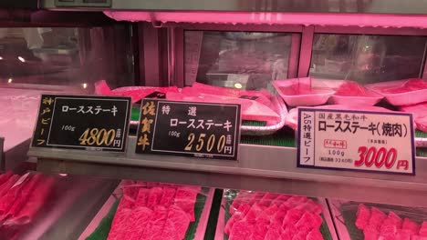 various cuts of kobe beef showcased with prices.