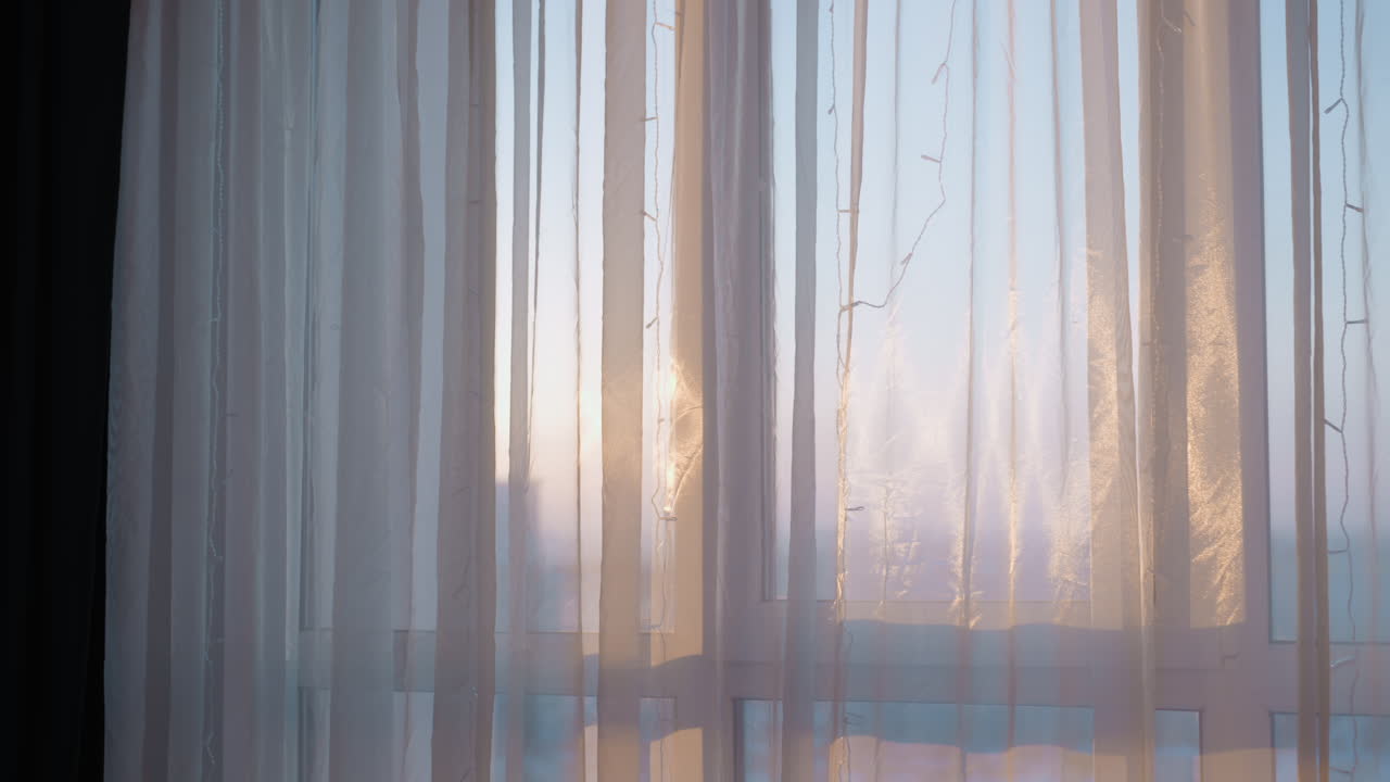 Morning City View, Soft Sunrise Illuminating Skyscrapers With Delicate Light Reflections, Peaceful Urban Apartment Bathed In Early Morning Light With Shimmering Reflections On Fabric