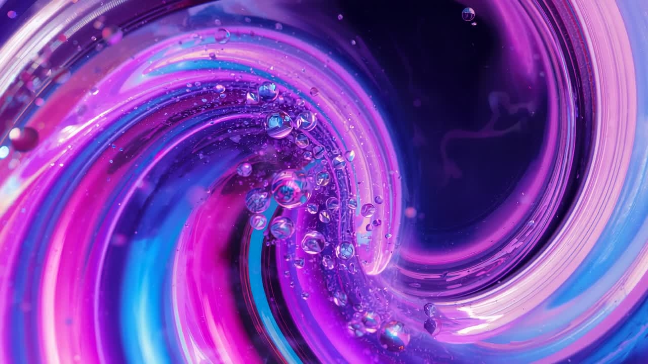 Spiraling on playback, abstract liquid vortex carrying bubbles along purple backdrop, showing flow