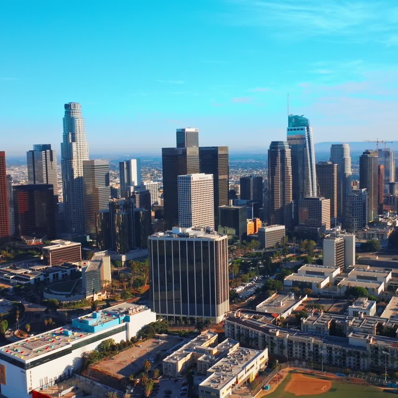 Skyscrapers in the downtown Los Angeles, California, USA. Beautiful modern architecture at backdrop of azure skies
