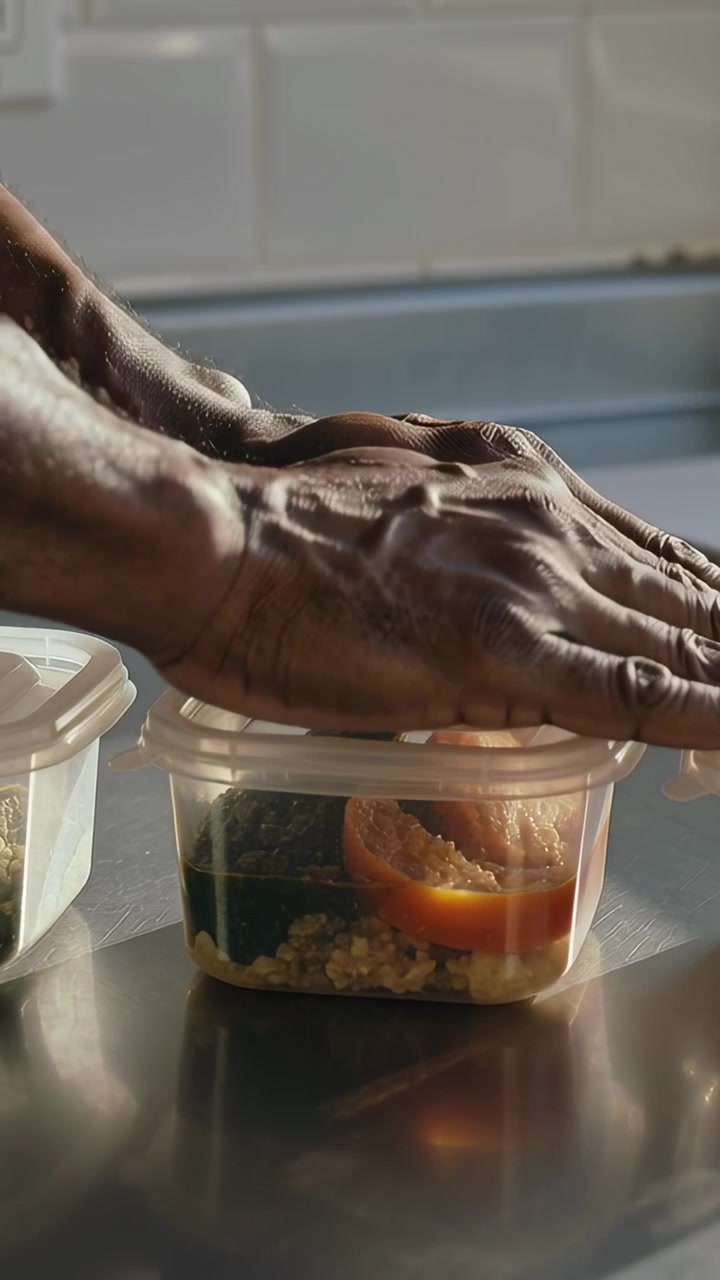 Vertical video: After prep, hands sealing lids on containers with food for storage in kitchen