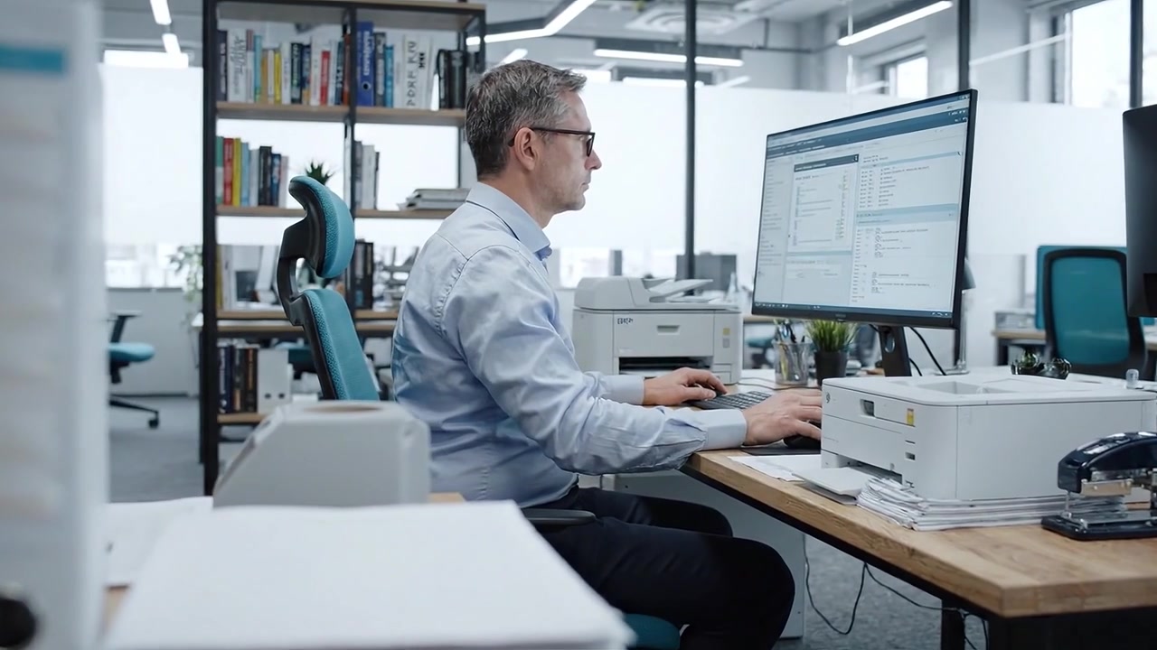 Fokusert profesjonell arbeider i et moderne kontormiljø med doble dataskjermer og organisert arbeidsplass, engasjert i produktiv oppgavehåndtering og samarbeid.