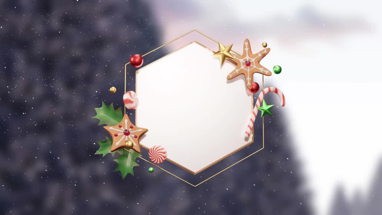 animación de nieve y decoraciones navideñas alrededor de un signo circular blanco en blanco sobre el paisaje de invierno