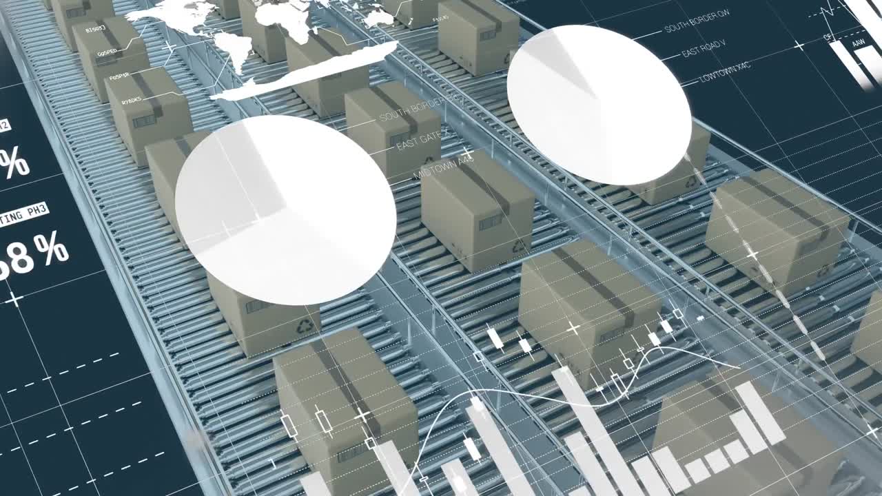 Animation of financial data processing over boxes on conveyor belt on black background