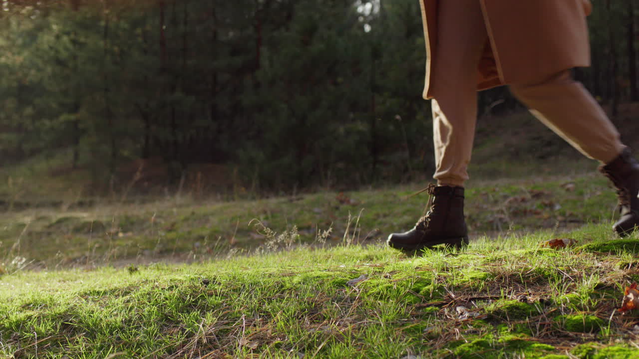 En kvinde går tur i skoven med en sød golden retriever-hvalp, der løber ved hendes fødder. 4k slow motion-video.