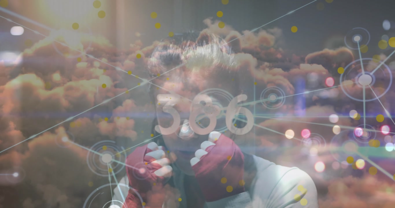 Animation of increasing numbers, dense clouds, connected dots over caucasian woman practicing boxing
