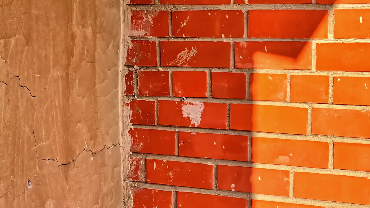 Cracked red brick wall lit by warm sunset light with signs of aging and decay