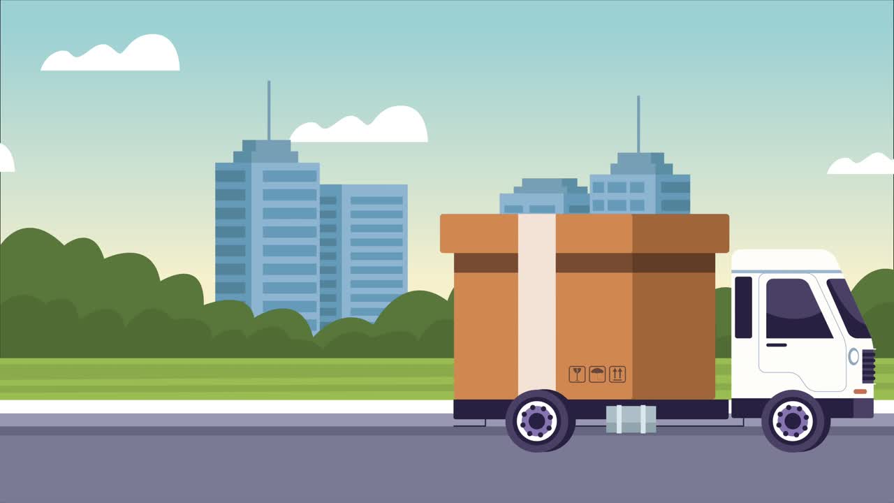 도시에 트럭 상자를 가진 물류 서비스 애니메이션