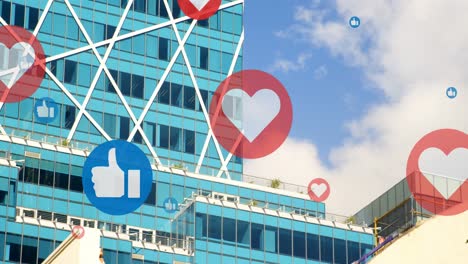 Animation-of-multiple-heart-love-icons-over-modern-cityscape-in-background