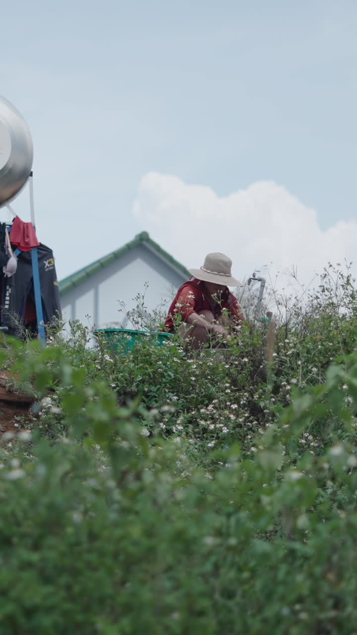 야외에서 세탁을 하는 여자