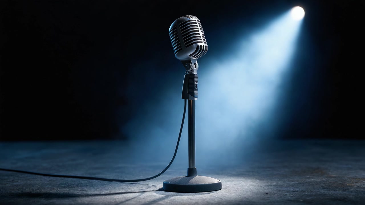 A Classic Microphone on Stage Under a Spotlight Surrounded by a Misty Atmosphere, Setting the Scene for an Engaging Performance Experience.