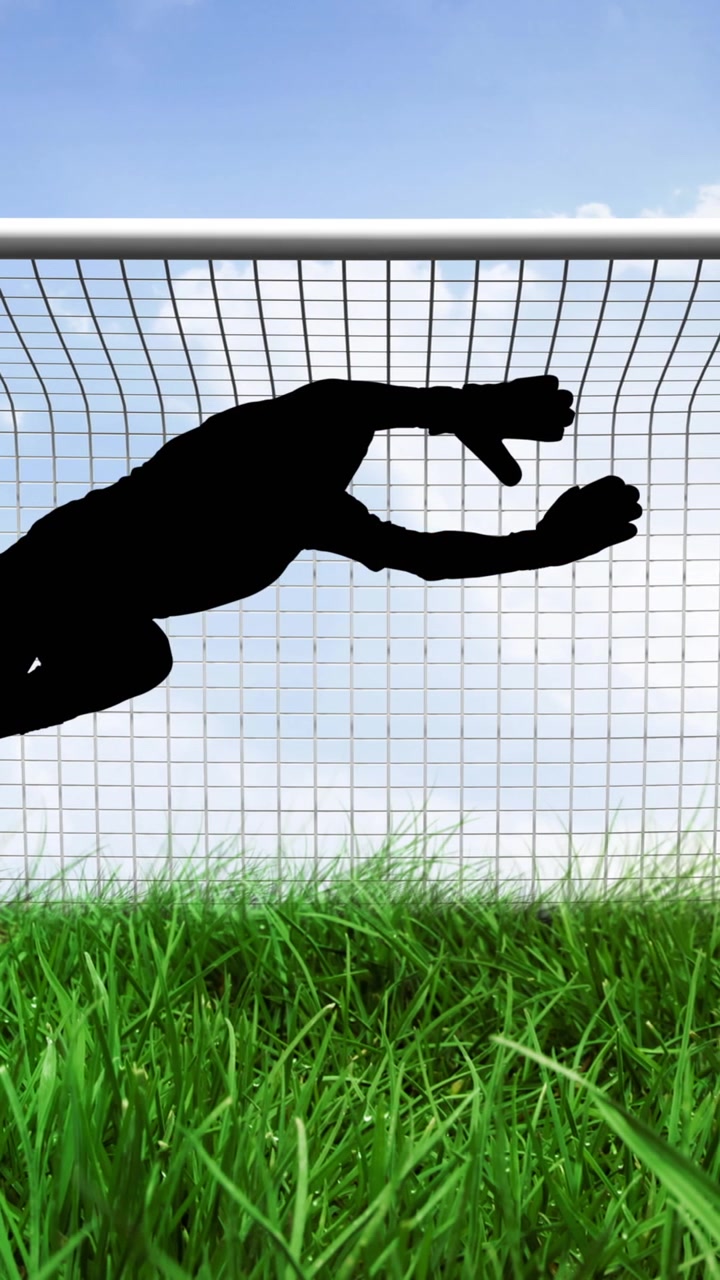Animation of silhouette of football goalkeeper catching ball over net and sky