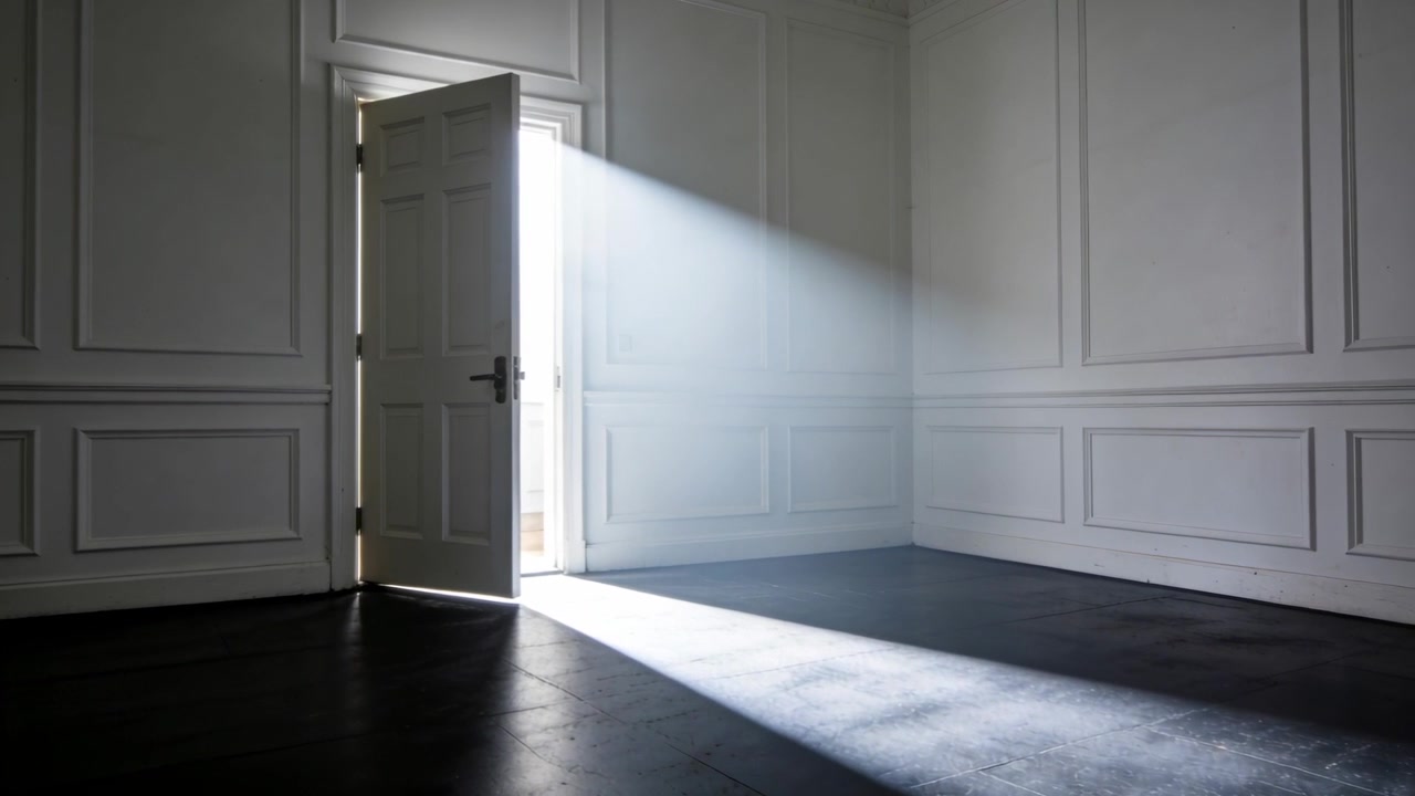 Luce esterna brillante che si intensifica, porta di legno che lascia entrare un raggio di sole polveroso attraverso la stanza, spazio per il testo.