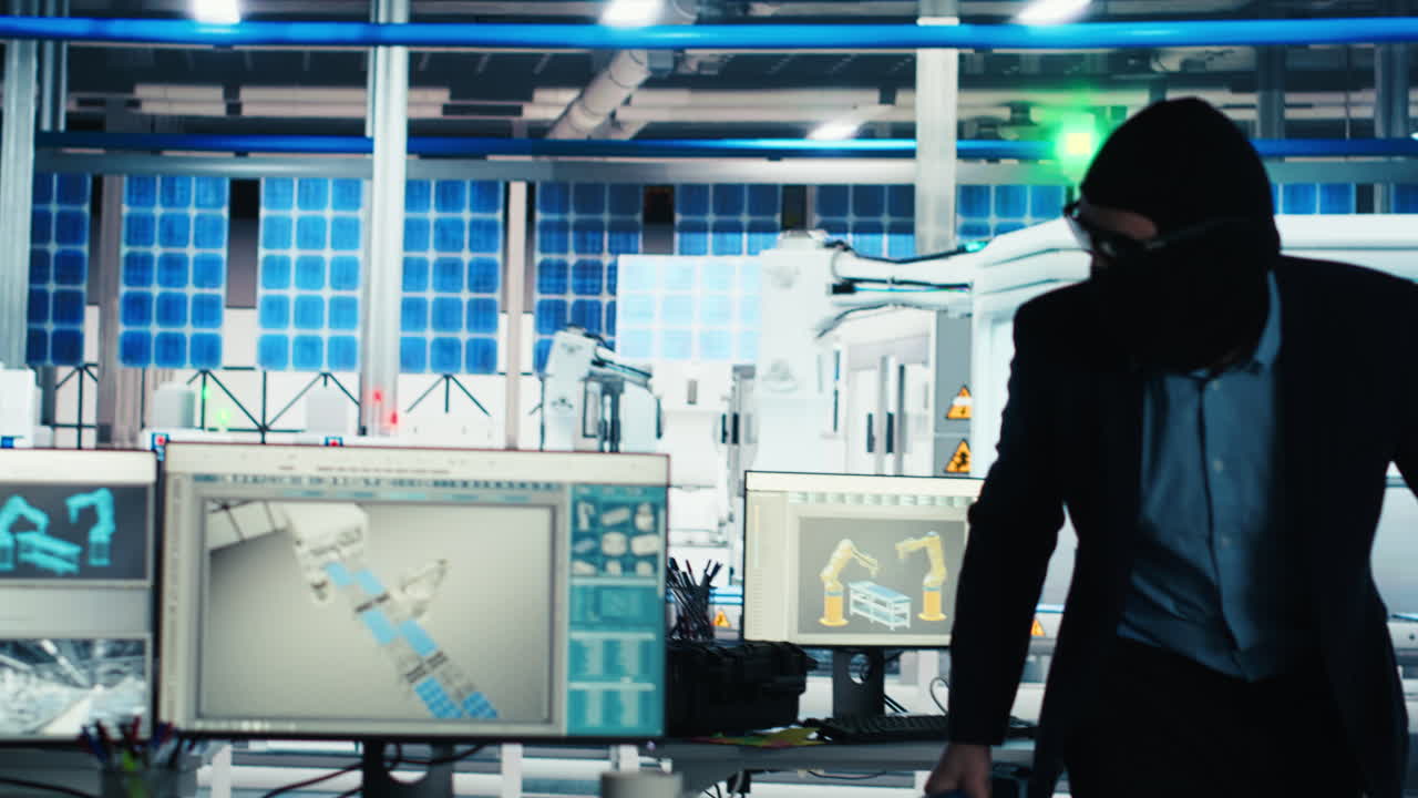 태양광 공장의 마스크를 쓴 노동자가 독점 기술 데이터를 쳤습니다.