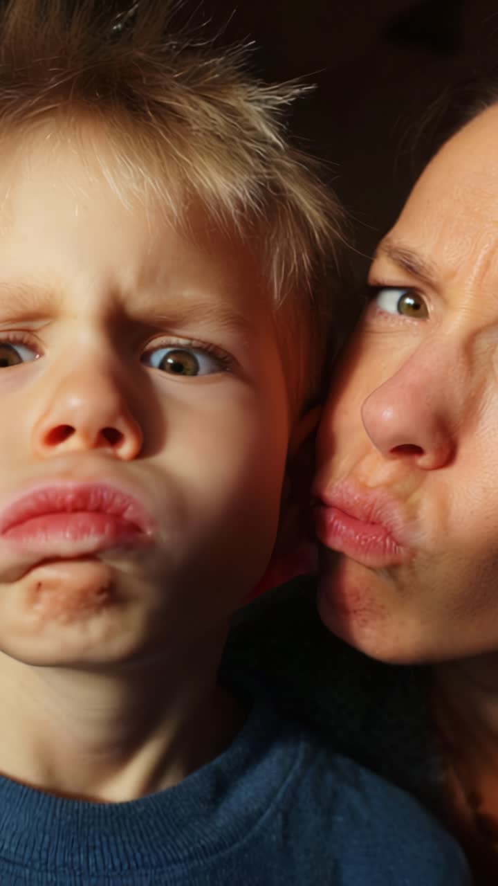 Un'interazione giocosa tra un bambino e un genitore, che cattura espressioni di gioia e curiosità in un momento caldo e coinvolgente, pieno di emozioni e amore