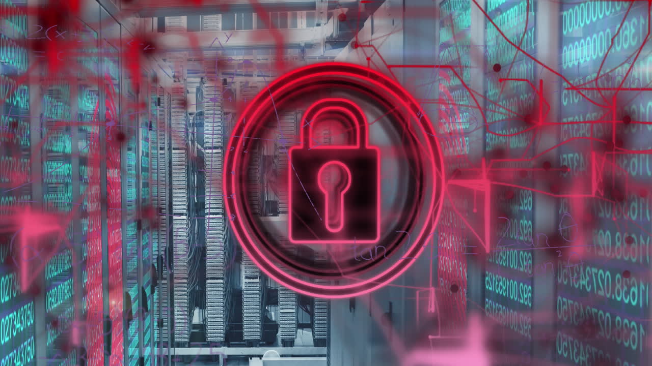 animación del icono del candado de seguridad contra el escáner biométrico de huellas dactilares sobre la sala del servidor.