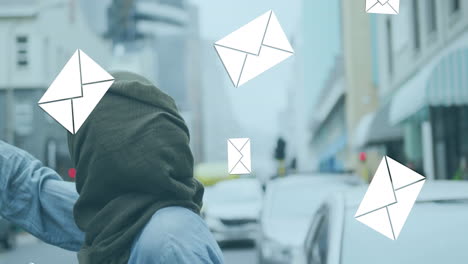 animation of floating mail icons with woman in hailing taxi in street