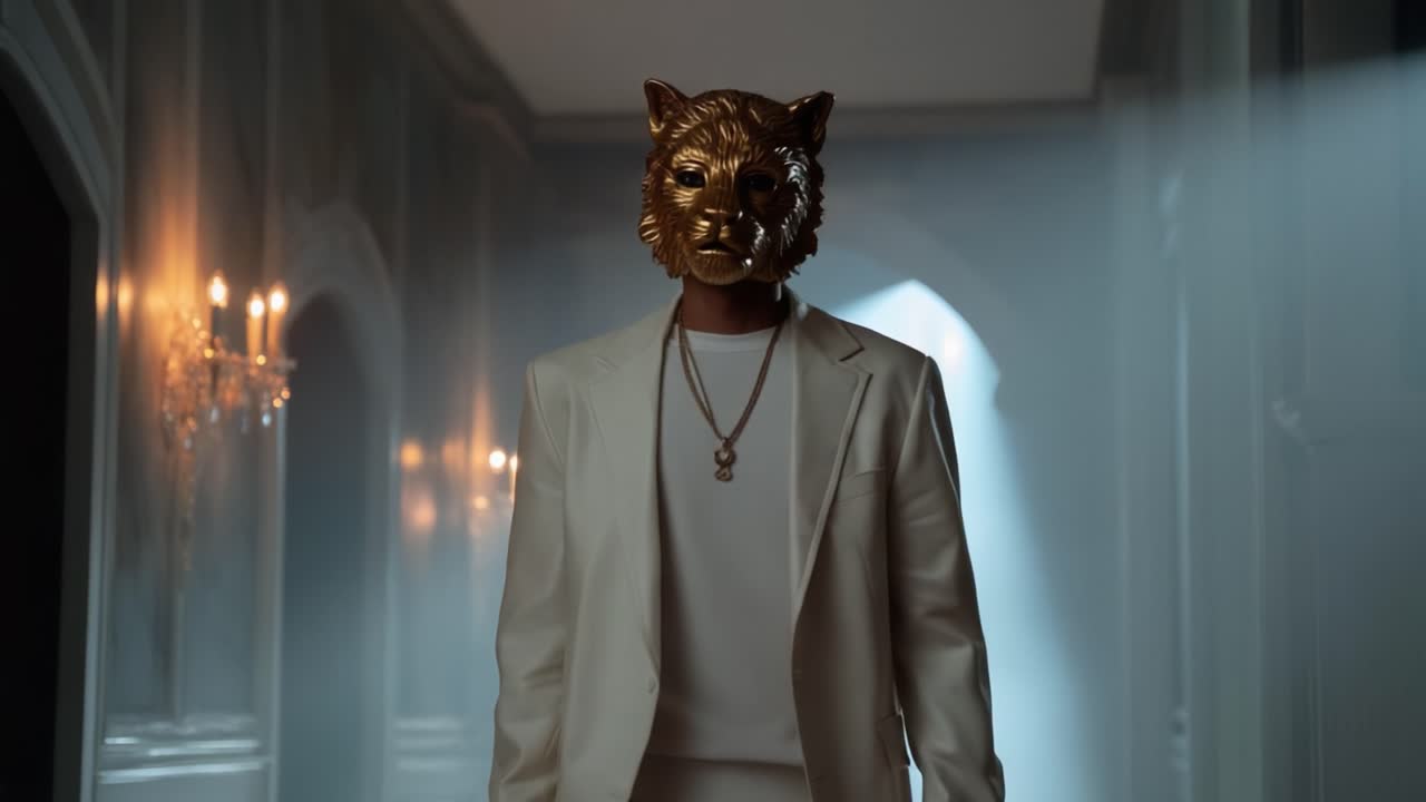 An enigmatic figure adorned in a striking white suit and a captivating golden animal mask stands confidently in an atmospheric, dimly lit corridor, exuding an aura of mystery and elegance