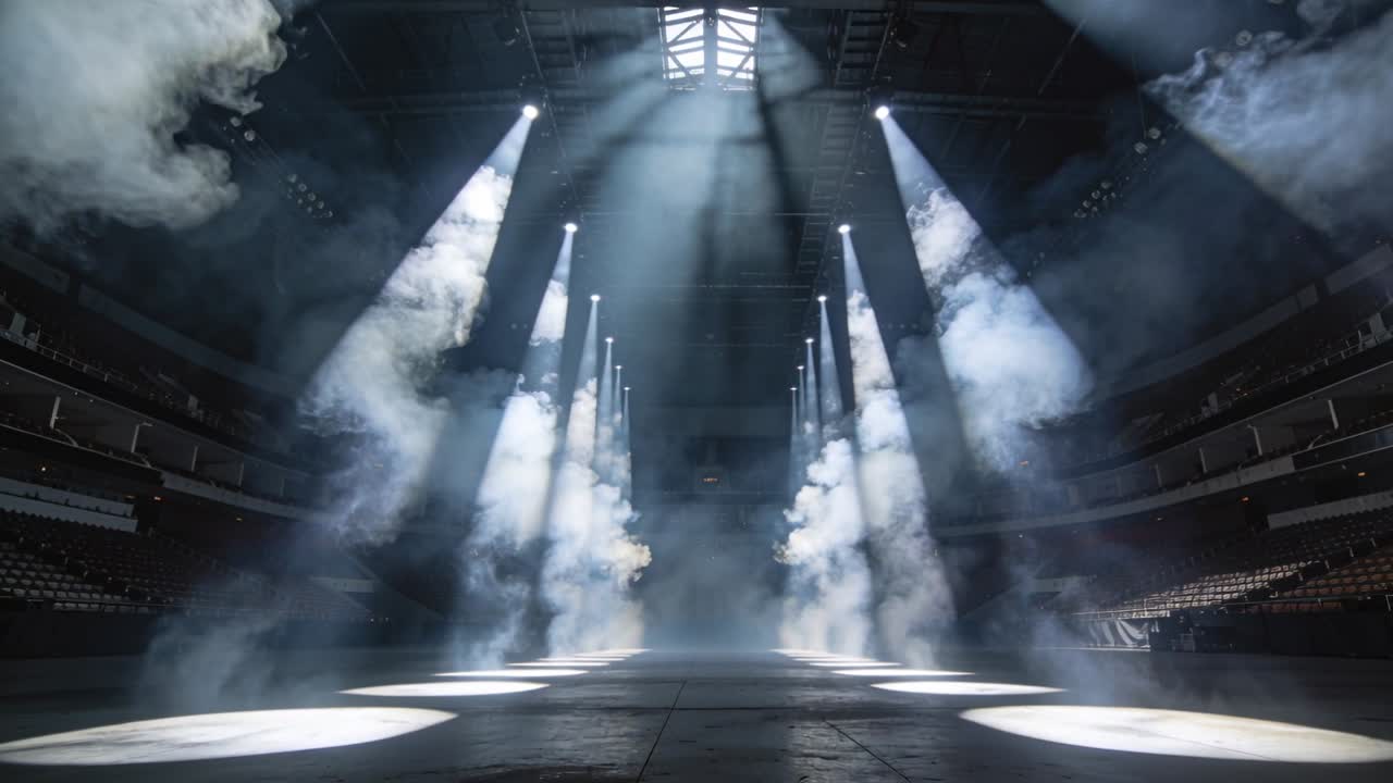 Skiftende spotlights og røgkastere sender lysstråler og røg hen over arenaens gulv til et show.