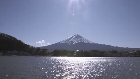 un volcán en la distancia con una ciudad japonesa cerca de un lago frente a él durante un día soleado