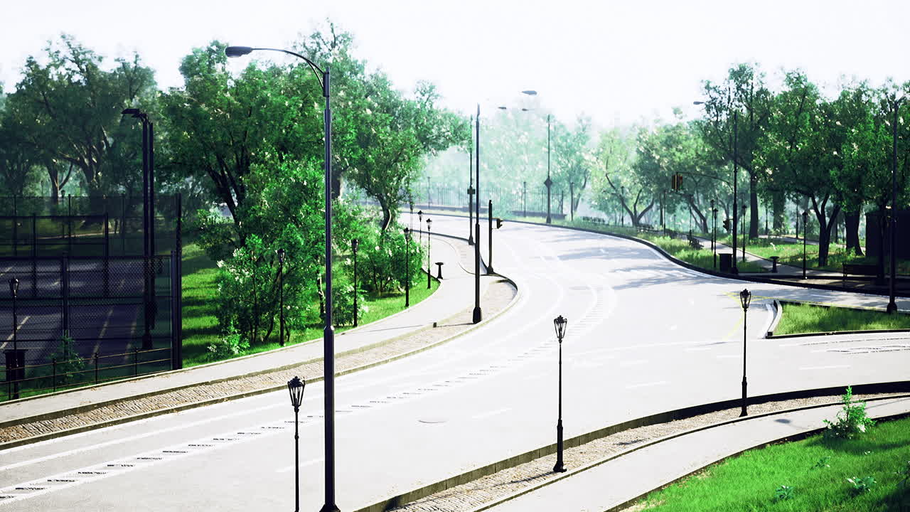 낮 시간 에 조용 한 공원 환경 에서 나무 로 둘러싸인 도로