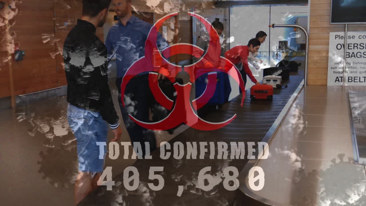 떠다니는 거대 코로나19 세포의 애니메이션과 공항에서 짐을 가져가는 사람들에게 생체 위험 표지판