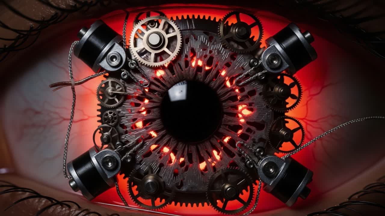 A Stunning Mechanical Eye: Intricate Gears and Red Illuminations Create a Fascinating Fusion of Art and Technology in a Captivating Close-Up
