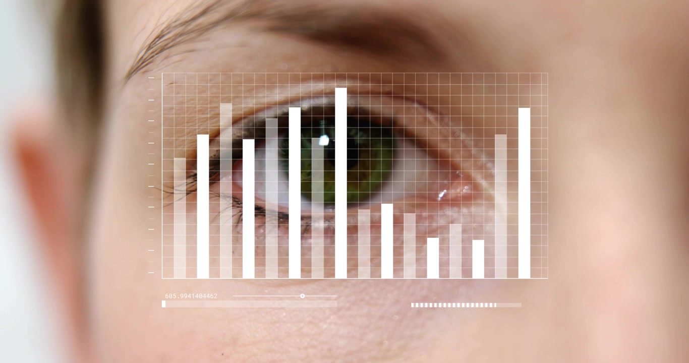 Woman's green eye blinking obscuring grid while pulsing chart scanning and medical analysis
