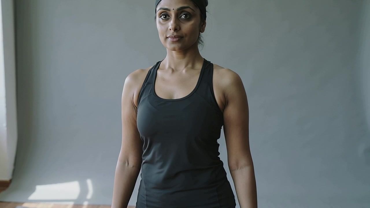 Stepping Indian trainer warming up, holding steady lunge on mat in black gear, adjusting headband