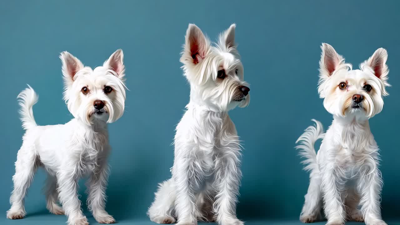 푸른 배경 앞에 서 있는 세 마리의  개