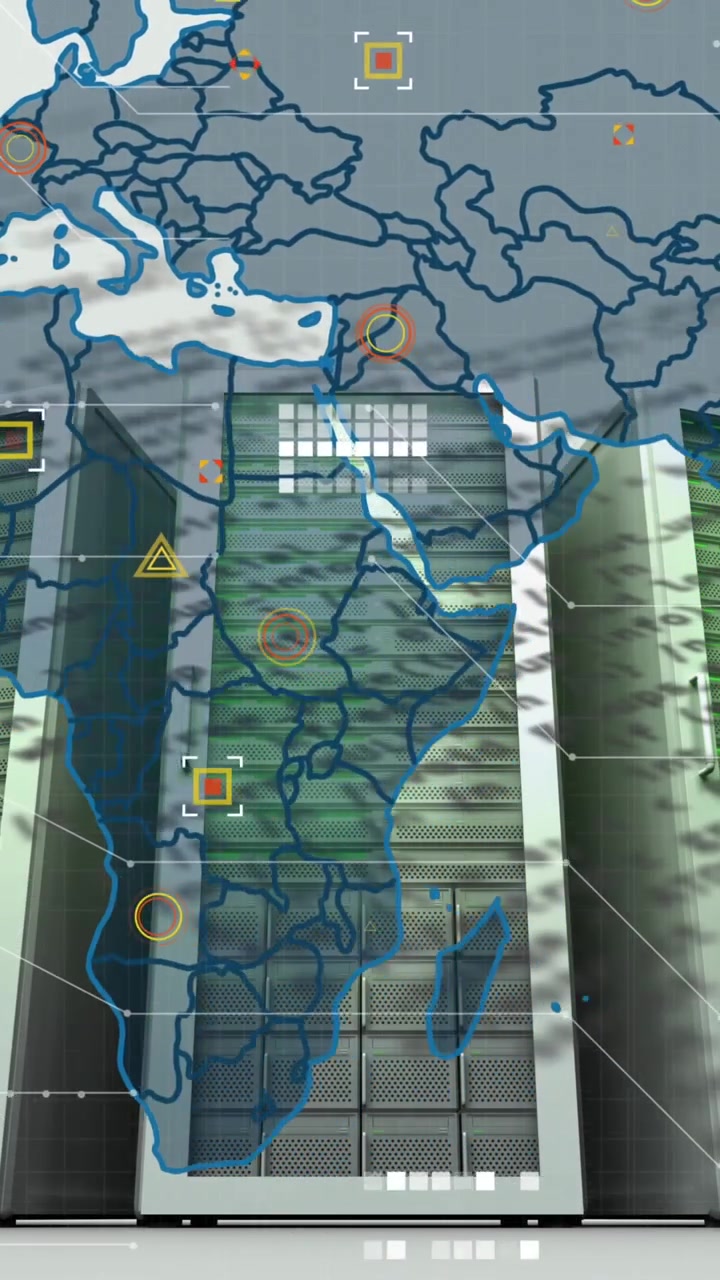 Animation of world map and data processing over computer servers against grey background