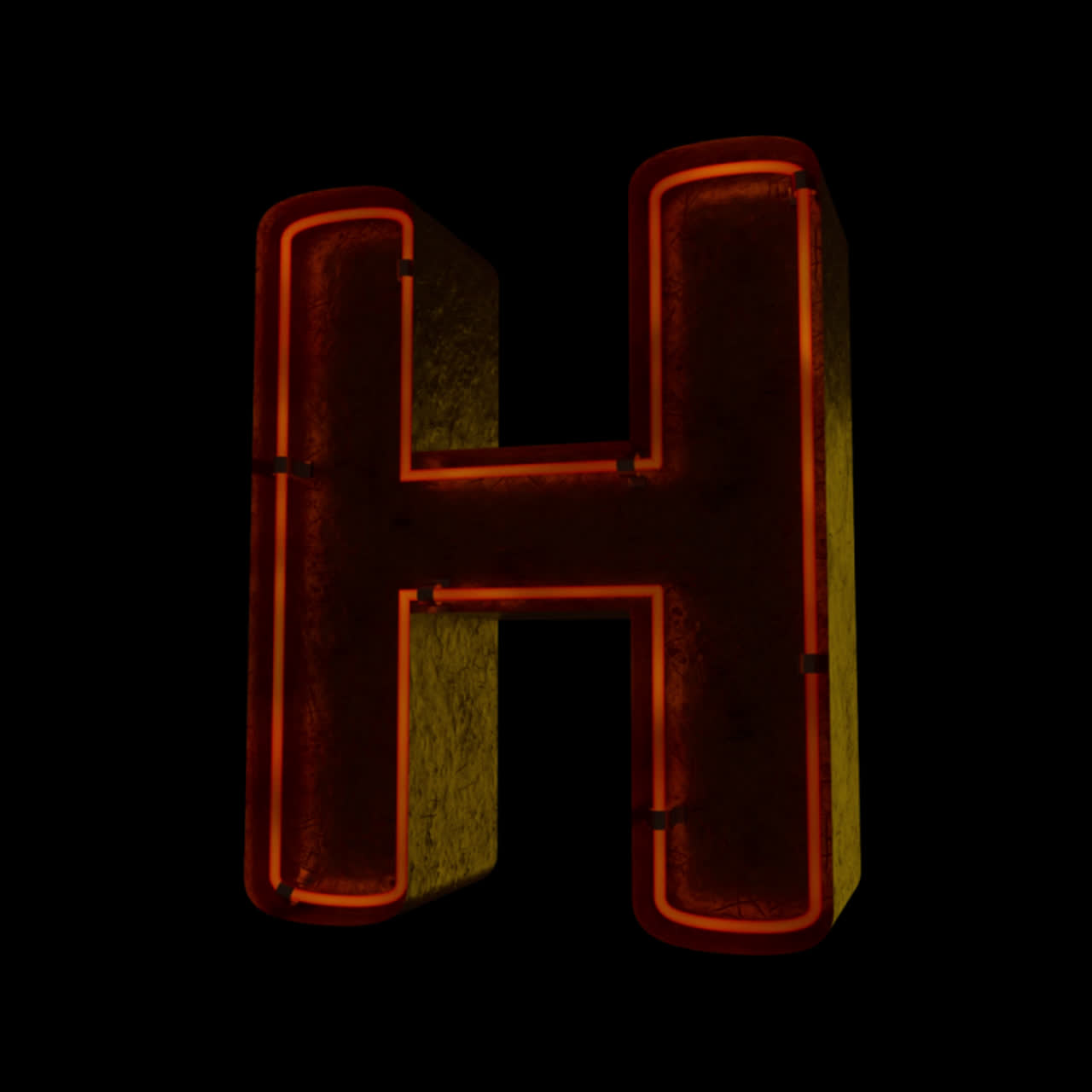 Lettera H al neon si illumina su sfondo nero