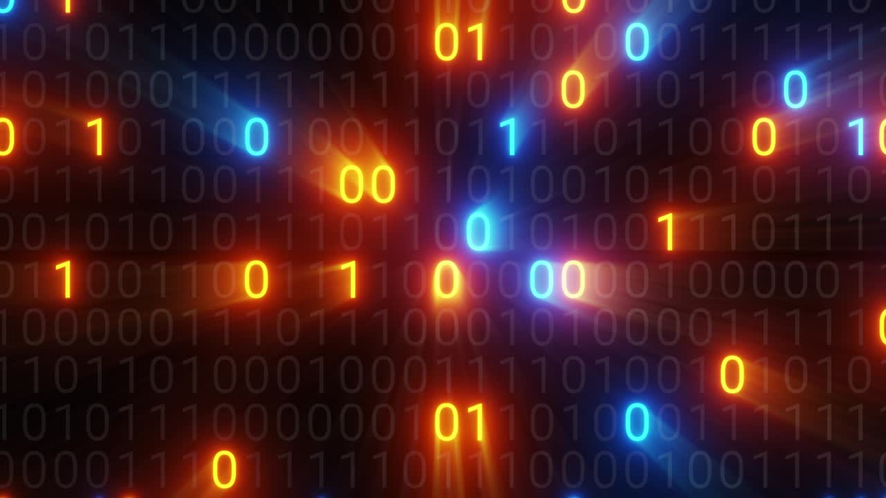 Abstract seamless blue and orange digital binary code matrix background VJ loop with flare.