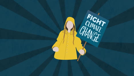 animation of girl with fight for climate banner on dark blue background