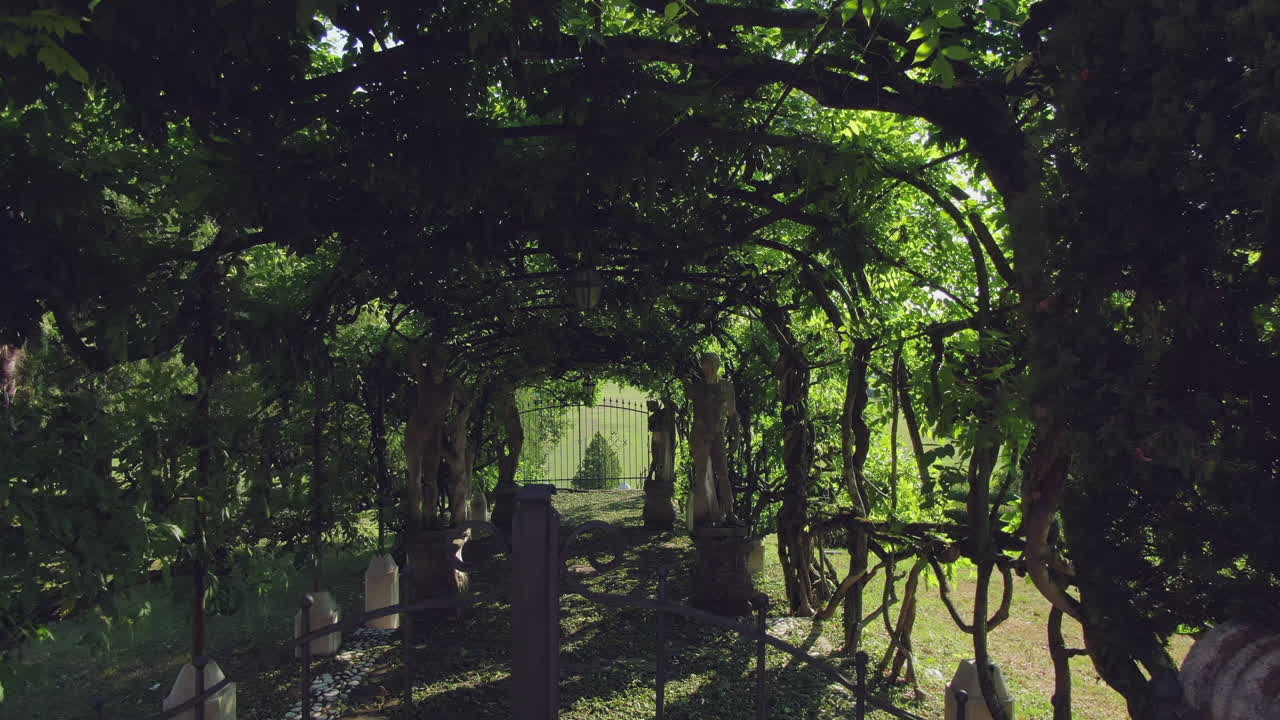 Slow aerial drone footage hovering over a beautiful gate and flying through a grand plant covered walkway, Italy