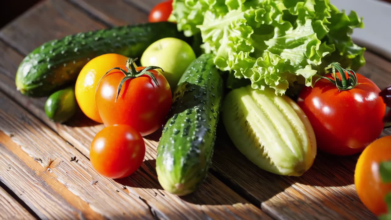 Close-up of Fresh Vegetables on a Rustic Wooden Table