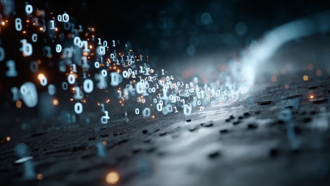 A Stunning Visualization of Binary Code Flowing Through a Digital Landscape, Capturing the Essence of Data Transmission and Technological Advancement